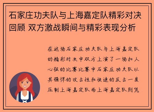 石家庄功夫队与上海嘉定队精彩对决回顾 双方激战瞬间与精彩表现分析
